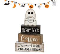 Ghost Sign Decor, Wooden Halloween Block, Tiered Tray Centerpiece, Rustic Painted Finish, Display Style, Perfect for Kitchen Coffee Bar Indoor Shelf Holiday Season, 5.91x1.54x7.48 Inches