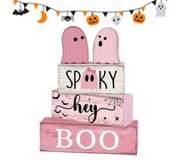 Ghost Sign Decor, Wooden Halloween Display, Tiered Tray Block with Painted Finish, Centerpiece Accent and Festive Prop for Kitchen, Shelf, Coffee Bar, Party, Indoor, Holiday Season