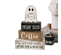 Ghost Sign, Wooden Halloween Tiered Tray Decor, Cute Centerpiece Block Display for Kitchen Coffee Bar Indoor Shelf Party Holiday Season, Compact And Lightweight, 5.91x1.54x7.48 in