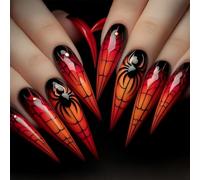 Ghostly Spiders Web Pattern Unghie finte a forma di mandorla elegante Halloween Nails Art Applicazione rapida per eventi festivi Stampa mandorla rossa sull'unghia