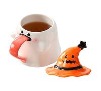 Ghosts Coffee Mug, Ceramic Halloween Cup, Novelty Drinking Tumbler, Ghost-Shaped Design with Lid, Fun Spooky Present Idea, for Juice, Wine, Beer, Movie Nights, Home Decor, 450ml Black Orange Purple