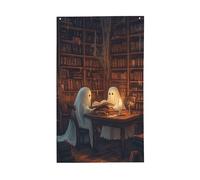 Ghosts Reading At A Wooden Library Table Yard House Flags, 0,9 x 1,5 m, striscione di auguri stagionale con occhielli per interni ed esterni, decorazioni per la casa