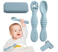 GHPKOTW 2 Pezzi Cucchiaino Svezzamento Silicone, Cucchiaini per Neonati, Cucchiaini per Apprendimento con Scanalature della Dentizione, Consigliato da Pediatri, Fase 1 + Fase 2, Set con Portacucchiai