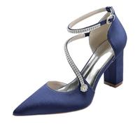 GHSIRUEU Scarpe col Tacco Donna Elegante Sandali Donna con Tacco a Punta Chiusa Cinturino alla Caviglia Scarpe da Sposa con Strass,Marina Militare,42 EU