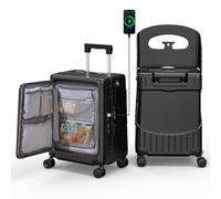 GHSY Valigia rigida da 50,8 cm con seggiolino per bambini, bagaglio da viaggio nero con scomparto frontale e 4 ruote girevoli bloccabili, serratura TSA, porta USB, copertura bagagli, cintura di