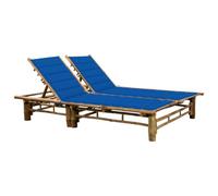 GHVBNMF Lettino prendisole per 2 persone in bambù con cuscini blu | Doppio lettino da giardino in robusto bambù con schienali regolabili e cuscini blu per terrazza e giardino.