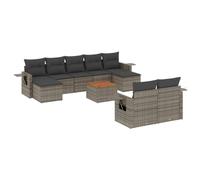 GHVBNMF Set da giardino da 10 pezzi, divano in polyrattan con tavolo | Lounge modulare per terrazza e giardino con braccioli pieghevoli, piano del tavolo in legno di acacia e cuscini morbidi.