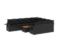 GHVBNMF Set da giardino da 11 pezzi, in polyrattan, colore nero acacia | Set modulare per giardino e terrazza con ripiano pieghevole con molle a gas, piano in legno di acacia e cuscini lavabili.