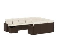 GHVBNMF Set da giardino in polyrattan, 11 pezzi, con tavolo, marrone | Set di mobili da giardino flessibile per terrazza e cortile: con piano in vetro, cuscini e pratico contenitore sottopanca.