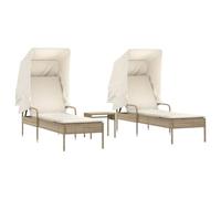GHVBNMF Set di 2 lettini prendisole con tetto e tavolo, in polyrattan beige | Comodi lettini da giardino con schienale regolabile in 4 posizioni, tettuccio parasole estensibile e tavolino per terrazze.