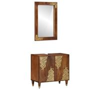 GHVBNMF Set di 2 mobili da bagno in legno massiccio di mango marrone miele | Mobile sottolavabo rustico 62 x 33 x 58 cm con serigrafia in oro e specchio da parete abbinato per il vostro bagno.