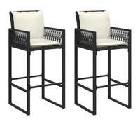 GHVBNMF Set di 2 sgabelli da bar da giardino neri con cuscino, per esterni | Sedie alte da bistrot in rattan per giardino, terrazza e balcone, con morbide imbottiture, braccioli e schienale per il
