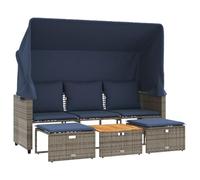 GHVBNMF Set di 4 divani da giardino in rattan, 3 posti, con tetto, grigio | Set compatto per esterni con tettuccio parasole retrattile, piano in legno di acacia e cuscini lavabili per terrazza.