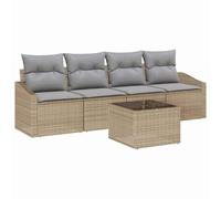 GHVBNMF Set di 5 mobili da giardino in polyrattan, divano con tavolo, beige | Set modulare in polyrattan per terrazza e balcone. Include cuscini imbottiti e tavolo flessibile.