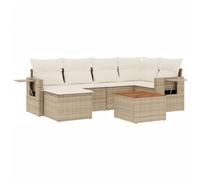 GHVBNMF Set di 7 divani da giardino con cuscini, in rattan beige | Set da salotto in rattan flessibile per terrazza e balcone, con tavolo in legno di acacia e ripiano laterale con molla a gas.