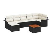 GHVBNMF Set di divani da giardino in polyrattan, 8 pezzi, colore nero e | Divano angolare modulare per giardino e terrazza con vano portaoggetti, tavolo in legno di acacia e comodi cuscini per 7