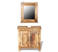 GHVBNMF Set di mobili da bagno, 2 pezzi, mobiletto sottolavabo con specchio | Set da bagno rustico in 100% legno massiccio di mango con foro per sifone e specchio da parete per il bagno e il bagno degli