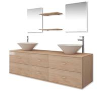 GHVBNMF Set di mobili da bagno da 9 pezzi con mobiletto sottolavabo, beige | Set completo per bagno composto da lavabo a parete con 2 vasche in ceramica, 2 rubinetti, 2 specchi e 2 ripiani in beige.