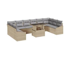 GHVBNMF Set di mobili da giardino in polyrattan, 11 pezzi, beige e grigio | Il tavolo regolabile in altezza trasforma l'angolo di seduta in modo flessibile dall'angolo del caffè al tavolo da pranzo