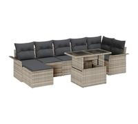 GHVBNMF Set di mobili da giardino in polyrattan, 8 pezzi, grigio chiaro | Divano angolare flessibile in polyrattan per terrazza e balcone, con tavolino in vetro e cuscino per le piacevoli ore estive