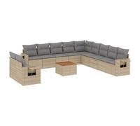 GHVBNMF Set divano da giardino 12 pezzi con cuscino in polyrattan beige | Set lounge modulare in rattan PE per giardino e terrazza con ripiano pieghevole sul bracciolo e tavolo in legno di acacia.