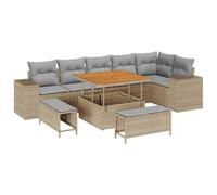 GHVBNMF Set lounge da giardino, 9 pezzi, in polyrattan, colore beige e | Tavolo regolabile in altezza in legno di acacia, vano portaoggetti integrato ed elementi modulari per terrazza e veranda