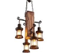 GHY E27 Lampadario A Sospensione Luce retrò Vintage Luci Pendenti in Legno Metallo Nera Altezza Ciondolo Regolabili Plafoniera Industriale per Sala da Pranzo Cucina Lampada del caffè Ciondolo 4 Heads