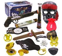Ghzste Set di accessori per costume da pirata, 21 pezzi, con spade, maschere, cappelli, medaglie, binocoli, monete d'oro per bambini, accessori per feste di Halloween (come mostrato)