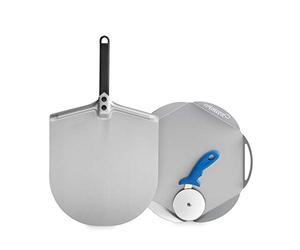 Gi.Metal Kit Accessori Pizza A Casa Mia Linea Amica (Pala per Pizza corta in Alluminio Diametro 33cm, Vassoio in Alluminio, Rotella Tagliapizza professionale)