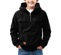 Giacca a mezza zip, per bambini, con cappuccio, per l'autunno, per l'autunno, l'inverno, con tasche multiple, giacca da lavoro, leggera, per l'allenamento, per la montagna, Nero , 130