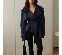 Giacca a vento con lacci blu navy da donna, collo a cascata, maniche lunghe, realizzata in tessuto non elastico di uso regolare, per la primavera L,M,S,XL,XXLTessuto intrecciato