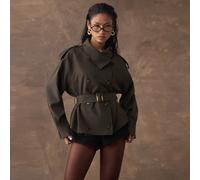 Giacca a vento corta con collo alto, dal design raffinato, cappotto trench a doppio petto di alta qualità per signora L,M,S,XSColore unicoTessuto intrecciato