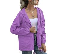Giacca a vento impermeabile da donna leggera impermeabile giacca a vento con cappuccio con tasche per esterno, Viola chiaro, X-Large