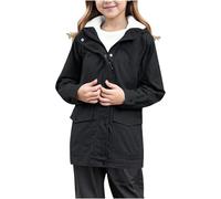 Giacca Antipioggia con Cappuccio Foderata in Pile per Escursionismo Campeggio Invernale Termica Antivento Softshell Tutte Stagioni Ragazze (Black, 5-6 Years)