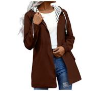 Giacca antipioggia da donna, impermeabile, leggera, con tasche, foderata a righe, con cappuccio, Marrone, XL