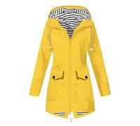 Giacca antipioggia da donna, lunga, leggera, impermeabile, giacca a vento, per escursionismo, viaggi, con cappuccio, trench, Giallo 1D, S