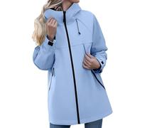 Giacca antipioggia impermeabile leggera giacca a vento con cappuccio ripiegabile impermeabile con tasche per le donne, Blu, L