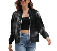 Giacca Autunno Donna con Zip, Giubbotto Bomber Semplice Animale,Giacca Bomber da Cappotto, Leone Che Osserva Il Cielo Stellato Donna Pilota con Chiusura Lampo per Giacchetto Mezza Stagione Nero M
