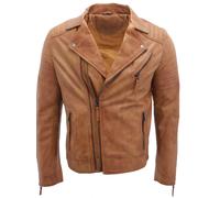Giacca Biker In Pelle 100% Marrone Slim Fit Brando Con Zip Doppia Croce