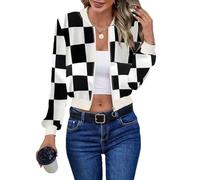 Giacca Bomber da Donna Corti a Quadri Neri e Bianchi,Giacche da Volo Leggere Casual Autunnali con Cerniera a Maniche Lunghe,Capispalla Classici con Collo Alto,Capispalla Neri e Bianchi,Taglia 3Xl