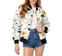 Giacca bomber da donna, leggera, motivo floreale, giacca da aviatore, vestibilità larga, a maniche lunghe, con cerniera, corta, per il tempo libero, per l'autunno, per l'autunno, beige., s