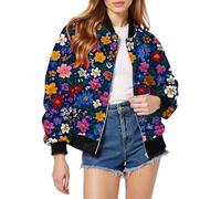 Giacca bomber da donna, leggera, motivo floreale, giacca da aviatore, vestibilità larga, a maniche lunghe, con cerniera, corta, per il tempo libero, per l'autunno, per l'autunno, Rosa acceso., XL