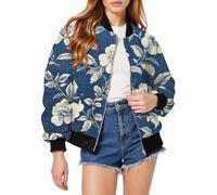 Giacca bomber da donna, leggera, motivo floreale, giacca da aviatore, vestibilità larga, a maniche lunghe, con cerniera, corta, per il tempo libero, per l'autunno, per l'autunno, Blu, s