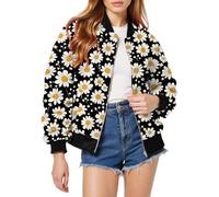 Giacca bomber da donna, leggera, motivo floreale, giacca da aviatore, vestibilità larga, a maniche lunghe, con cerniera, corta, per il tempo libero, per l'autunno, per l'autunno, Nero , m
