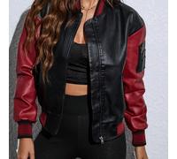 Giacca bomber vintage con contrasto di colori, in pelle PU, con cerniera, colletto a baseball, spalle cadenti, stile punk, adatta per festival di musica, colore nero L,M,S,XLBlocchi di colorePoliureta