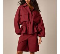Giacca camicia cargo oversize con vita elasticizzata, maniche a palloncino, doppie tasche sul petto e orlo a peplo, capo essenziale per autunno e inverno L,M,S,XL,XS,XXL,XXS,XXXL,XXXXLColore unicoTess