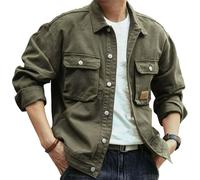 Giacca cargo da uomo in denim con bottoni sul davanti, stile hippie, vintage, stile western, a maniche lunghe, con risvolto, shacket, Verde, XXL