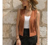 Giacca casual da donna in camoscio con frange e borchie, versatile per uso quotidiano, vacanze, lavoro, stile francese chic, senza maniche, beige, adatta per inizio primavera/primavera e estate L,M,S,