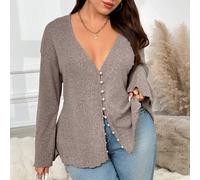 Giacca casual da donna taglia comoda, semplice e versatile, con scollo a V profondo, spalle cadenti, monopetto, con bottoni finti in perla, adatta per l'autunno 0XL,1XL,2XL,3XL,4XL,5XLColore unicoTess