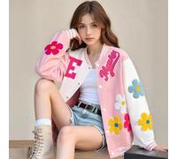 Giacca casual da ragazza, versatile e alla moda, con fiori 3D colorati e contrasto di colori, giacca da baseball ampia, adatta per primavera/autunno 8Y,9Y,10Y,11Y,12YBlocchi di colore,Lettere,PiantePo